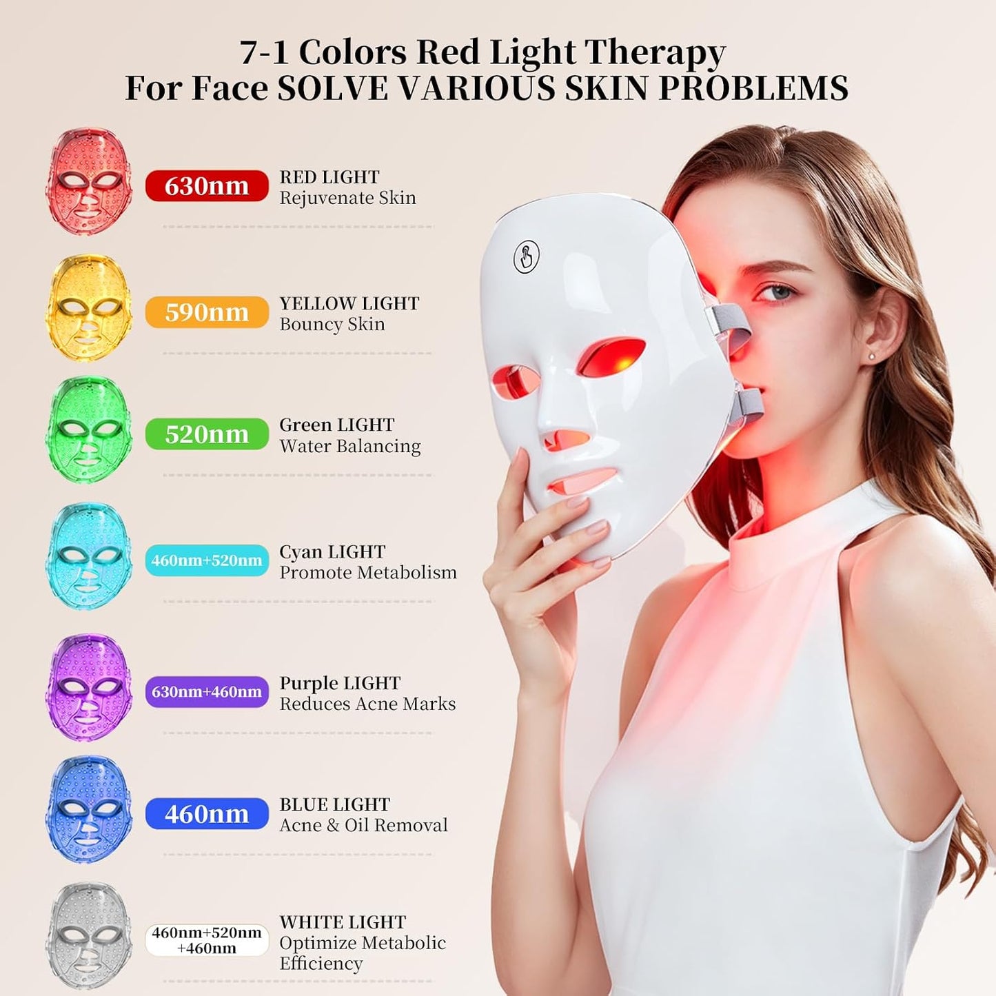 7-Color LED Facial Mask, Rechargeable Adjustable Brightness LED Face Mask, Home Skin Glow Beauty Mask for Facial Skin Care
